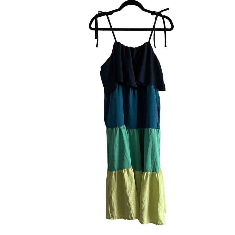 Time and Tru Women SZ S 4-6 Blue Green Colorblock Tie Strap Ruffled Sundress NWT